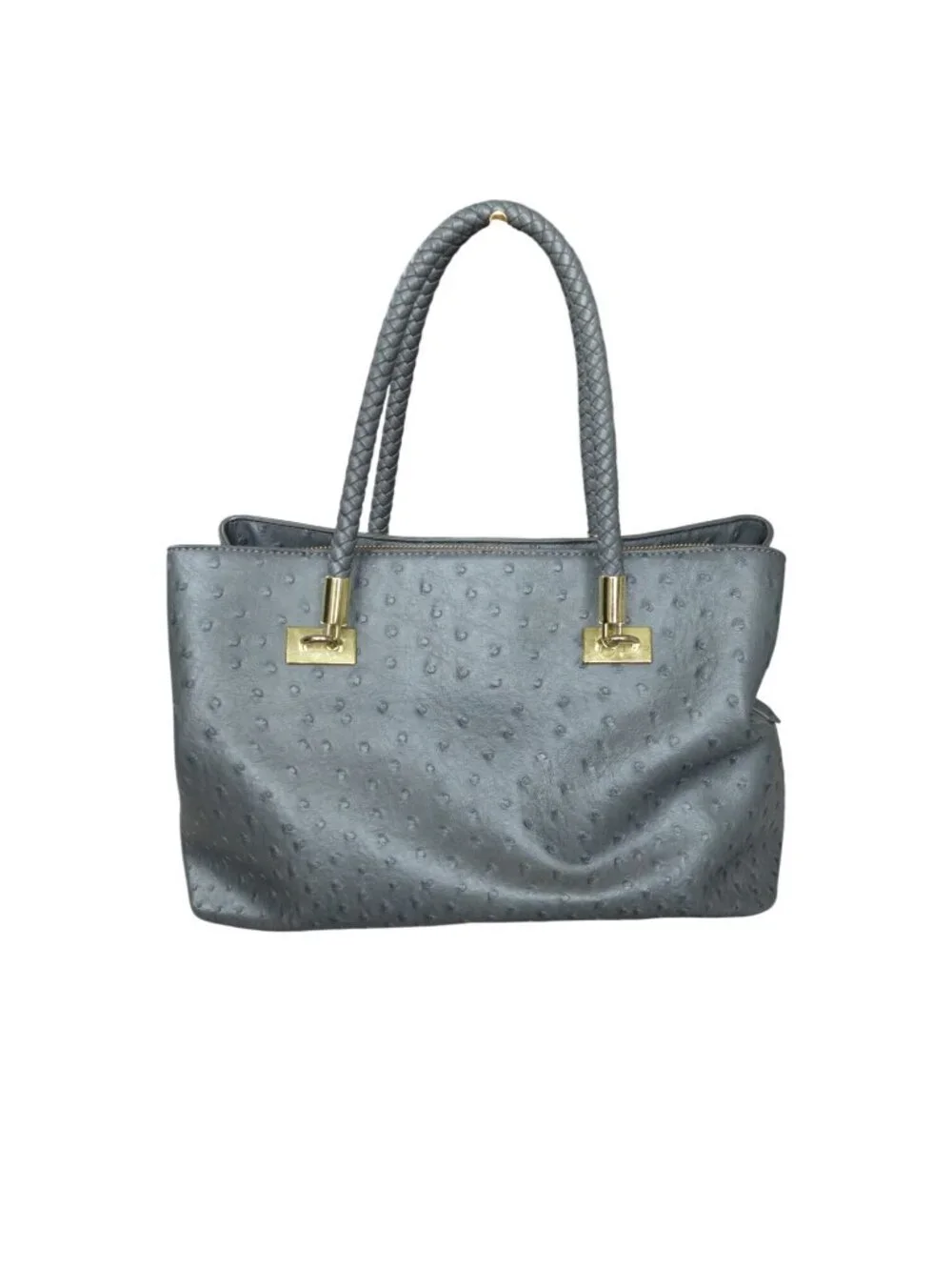 Bebe Jackie Ostrich Grey Satchel Bag Purse Braided Handles Crossbody Strap Gold